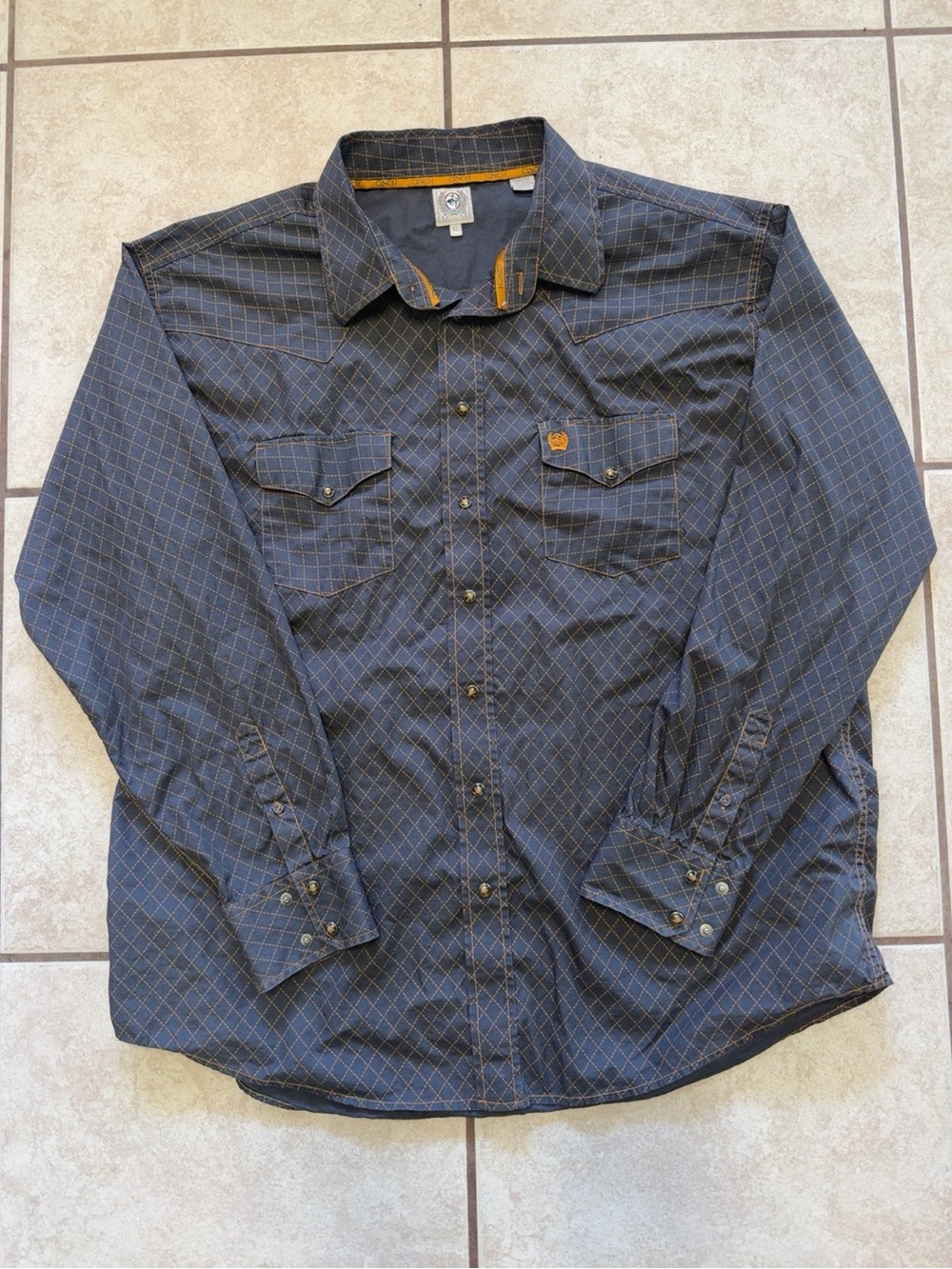 Cinch XL Navy Windowpane Western Snap Shirt Cowboy Rodeo Long Sleeve - Picture 2 of 3